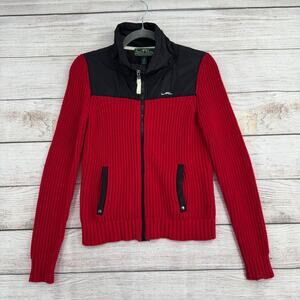 LRL Ralph Lauren Active Full Zip Sweater Jacket Womens Small Red Black Knit